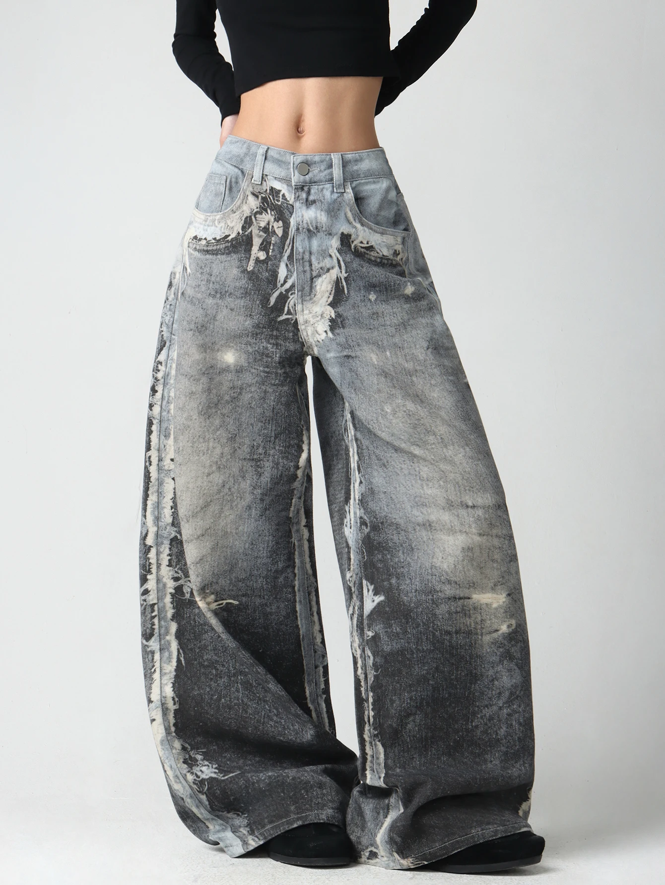 1 Pc American Vintage Washed 3D Printed Loose Jeans, Street Hip-Hop Trendy Comfortable Versatile Wide-Leg Pants For Women