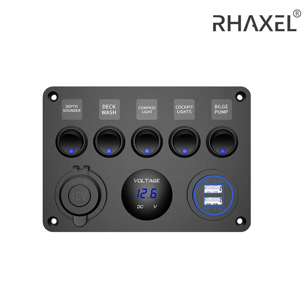 

RHAXEL 5 Gang Rocker Toggle Switch Panel Controller 12V Dual USB +Cigarette Lighter Socket Fuse Circuit Breaker for Auto Truck