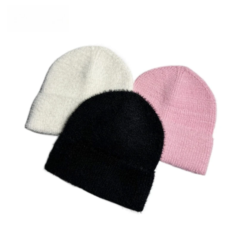 Neue Weiche Faux Pelz Winter Mützen Hut Für Frauen Warme Gestrickte Solide Skullies Bonnets Kappe Weibliche Outdoor Casual Hüte Geschenk