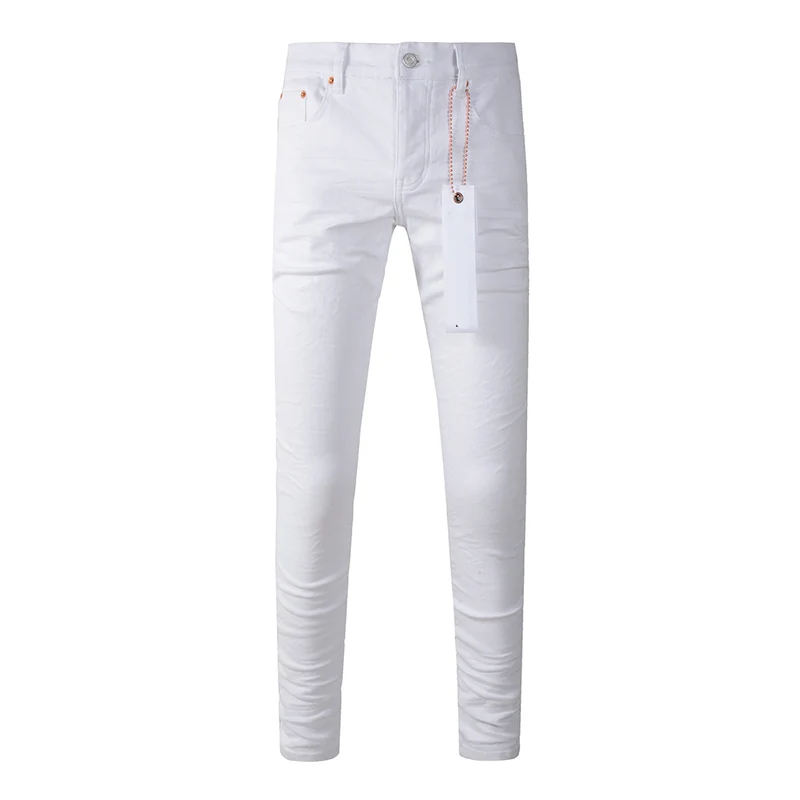 American Streetwear Pantalones vaqueros rasgados en blanco con botones ajustados desgastados blancos para hombre