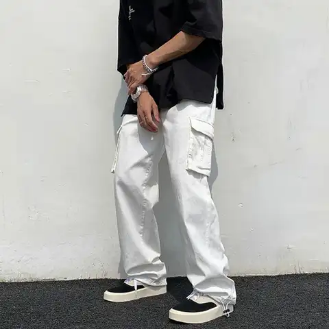 Pantalones Cargo blancos para hombre, pantalones de chándal de pierna ancha de Hip Hop, pantalones Cargo de pierna recta holgados con múltiples bolsillos a media cintura, pantalones de calle de moda