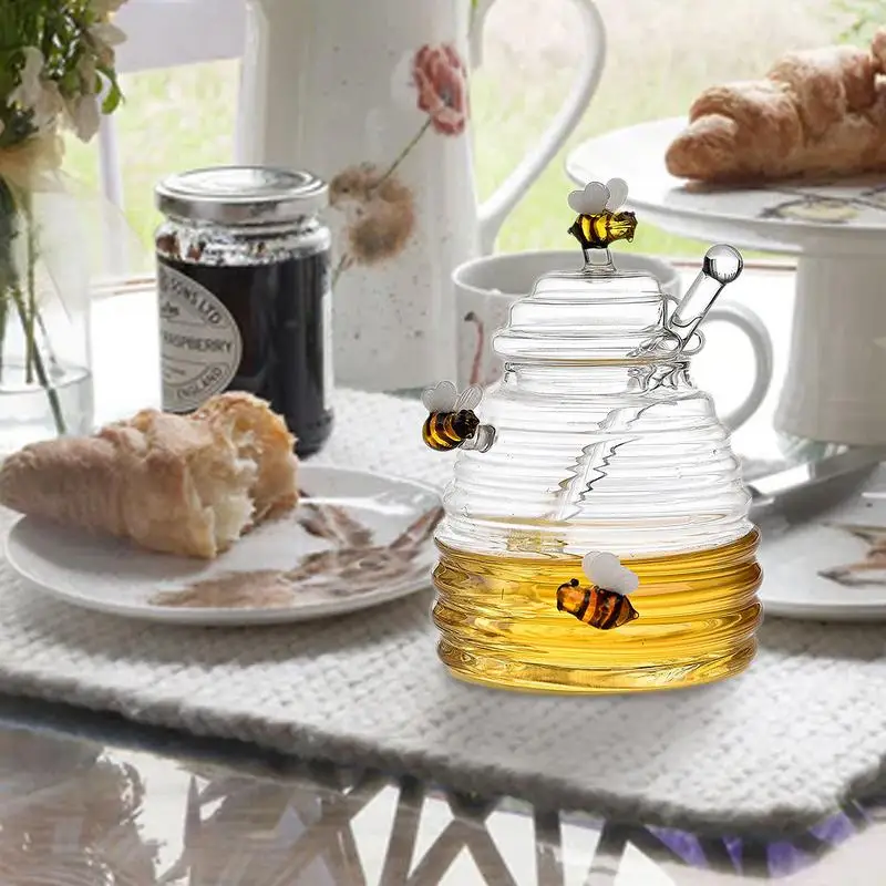 Glass Honey Jar Honey Storage Container With Dipper And Lid Transparent Beehive Shape Honey Bottle Kitchen Accessories