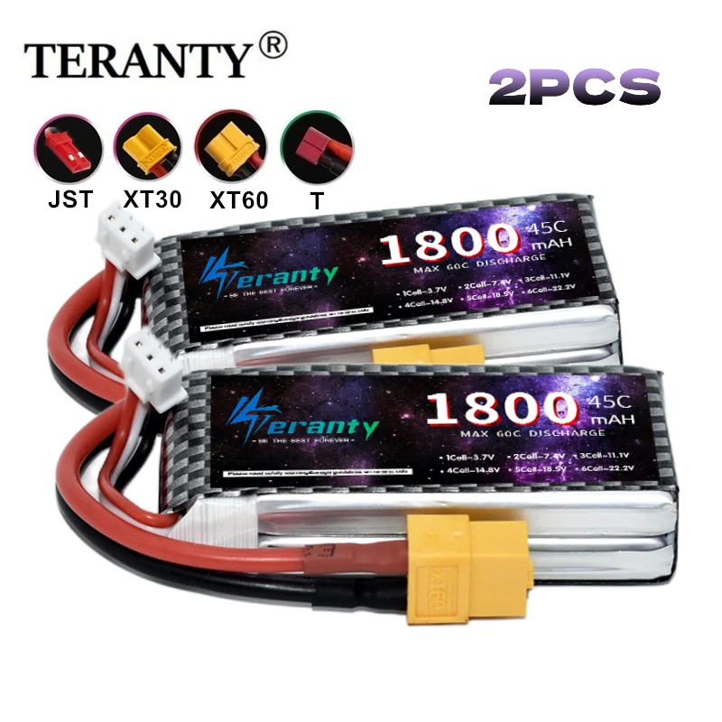 TERANTY 2S Akku 1800mAh 45C 7,4V LiPo-Akku mit Hoher Entladerate Wiederaufladbarer Akkupack für RC-Drohne Auto Boot Hubschrauber