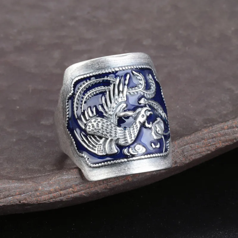 S925 sterling silver burnt blue drop glue craft phoenix wide face ring female retro drop oil peacock can add tassel ring