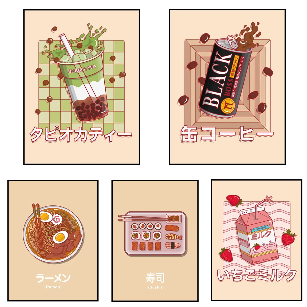 Póster de lienzo de sushi ramen mochi, té de burbujas de café, leche de fresa con temática de dibujos animados japoneses, decoración de pared de cocina.