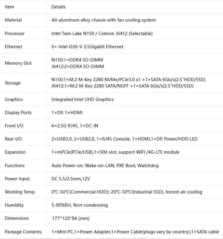 6x Intel i226‑V 2.5G LAN Firewall Mini PC Intel N150 J6412 Metal Industrial Computer PC With Fan COM DDR4 M.2 SSD Home Server