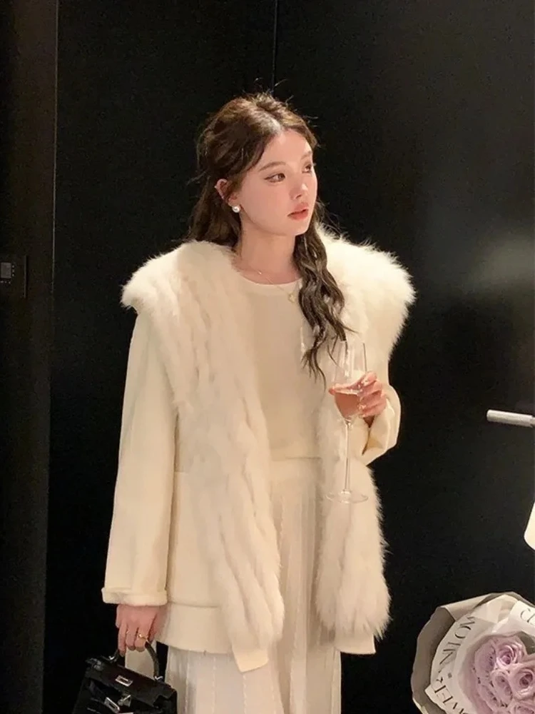 

Women Hooded Belt Real Fox Fur Liner Vest Woolen Coat New Autumn Winter Clothing Female Thick Warm Cashmere Wool Jacket