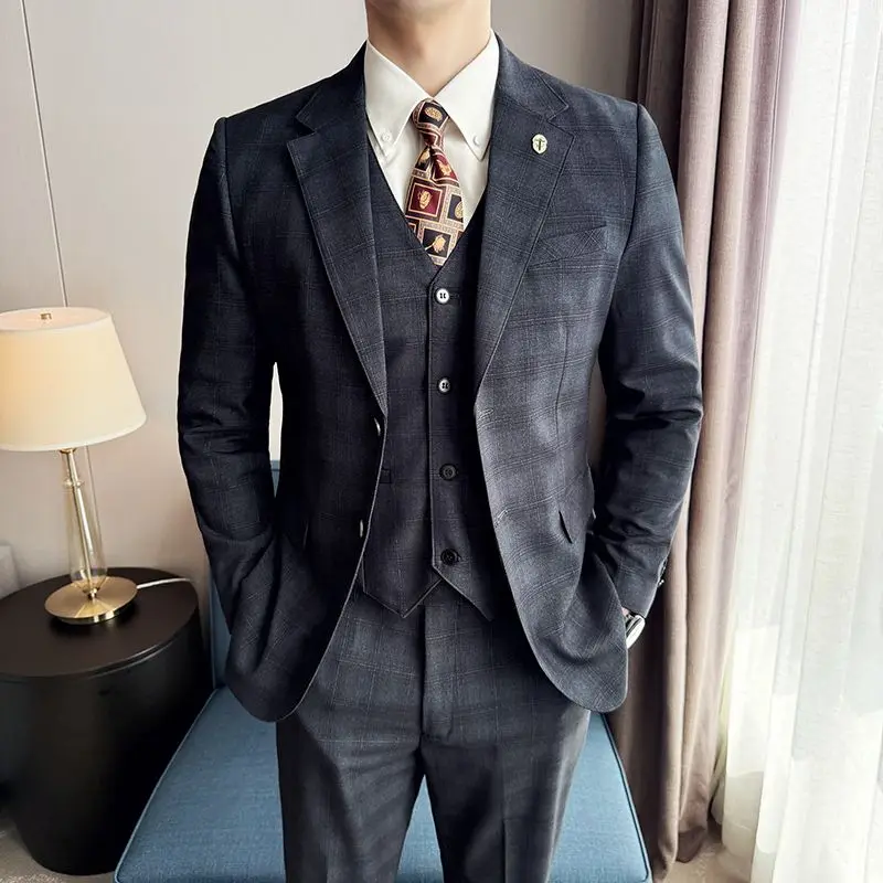 

Элегантный мужской костюм-двойка высокого качества: смокинг в клетку на одной пуговице, приталенный крой, для свадьбы, деловых встреч и выпускных вечеров