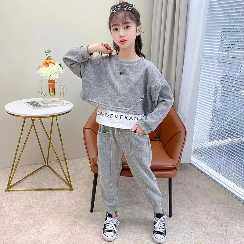 2024 autumn teenager Gray girls Sport Suit Clothes Long Sleeve Top sweatshirt & Legging Pants 6 7 8 9 10 11 12 Years Child set