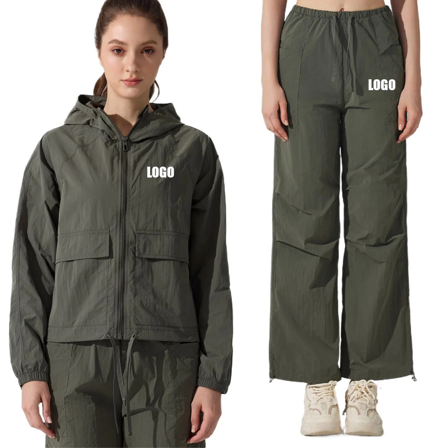 Custom LOGO Women's Outdoor Windproof Mountaineering Jacket Fashion Casual Yoga Clothing Light Hooded Top Loose Sports Pants Set