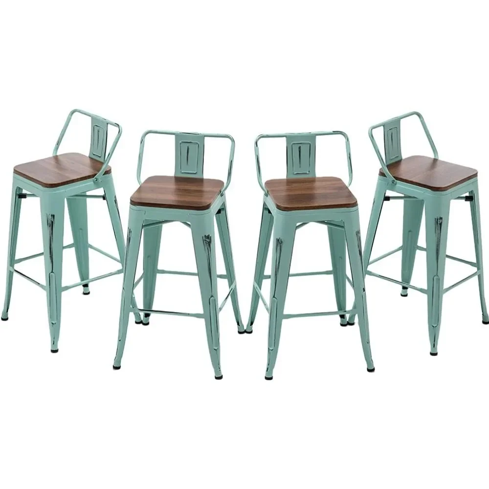 Bar Stools Set of 4 Counter Height Stools Industrial Metal Barstools with Wooden Seats(24 Inch, Distressed Green Blue)