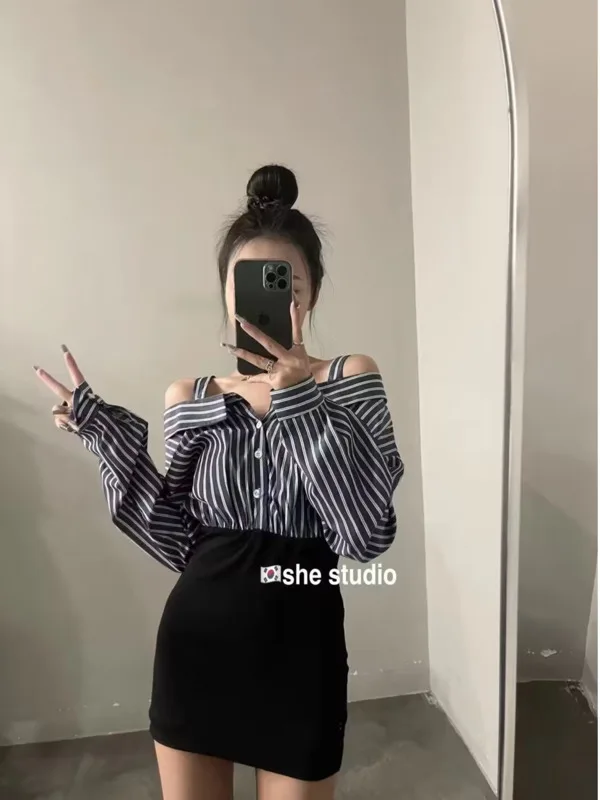 One shoulder shirt dress for women's early autumn design fashionable niche 2024 new spicy girl sexy buttocks short skirt PW3D