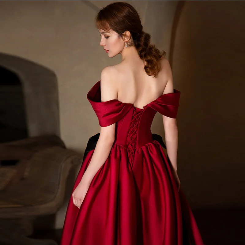 Women Burgundy Off Shoulder Prom Dresses Satin Elegant Long A-line Party Gowns Formal Dress