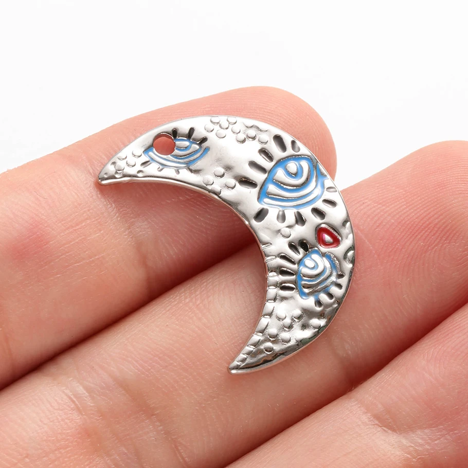 5 Stück Edelstahl-Anhänger mit Fatima-Hand, Herz/Mond/Rundem Bösen Auge für Schmuckherstellung, dunkelblauer Strass-Charm, Großpackung – Detail 7