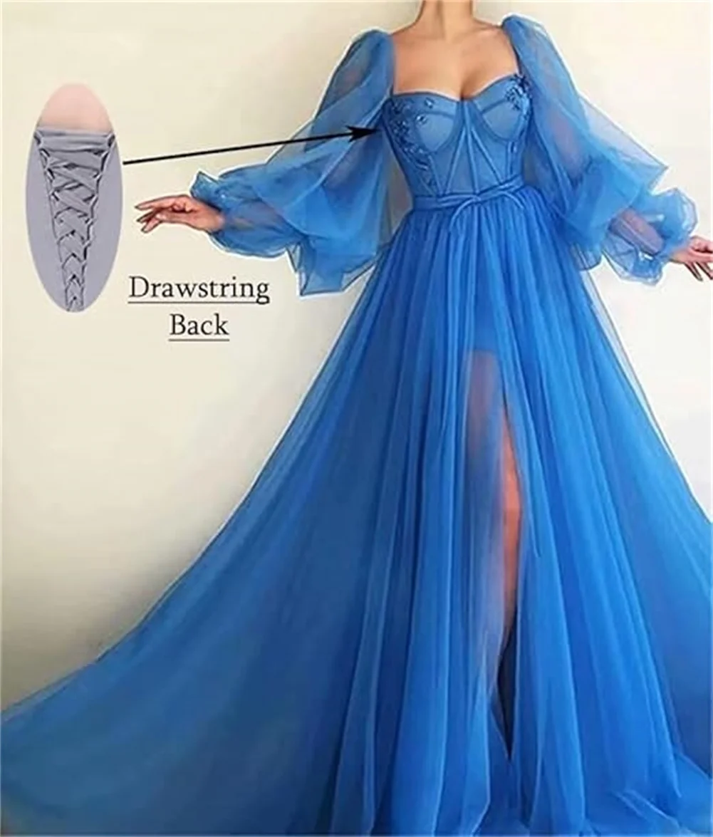 

Тюлевое платье для выпускного вечера с длинными пышными рукавами по индивидуальному заказу Милое бальное платье Вечерние платья с разрезом Платья принцессы