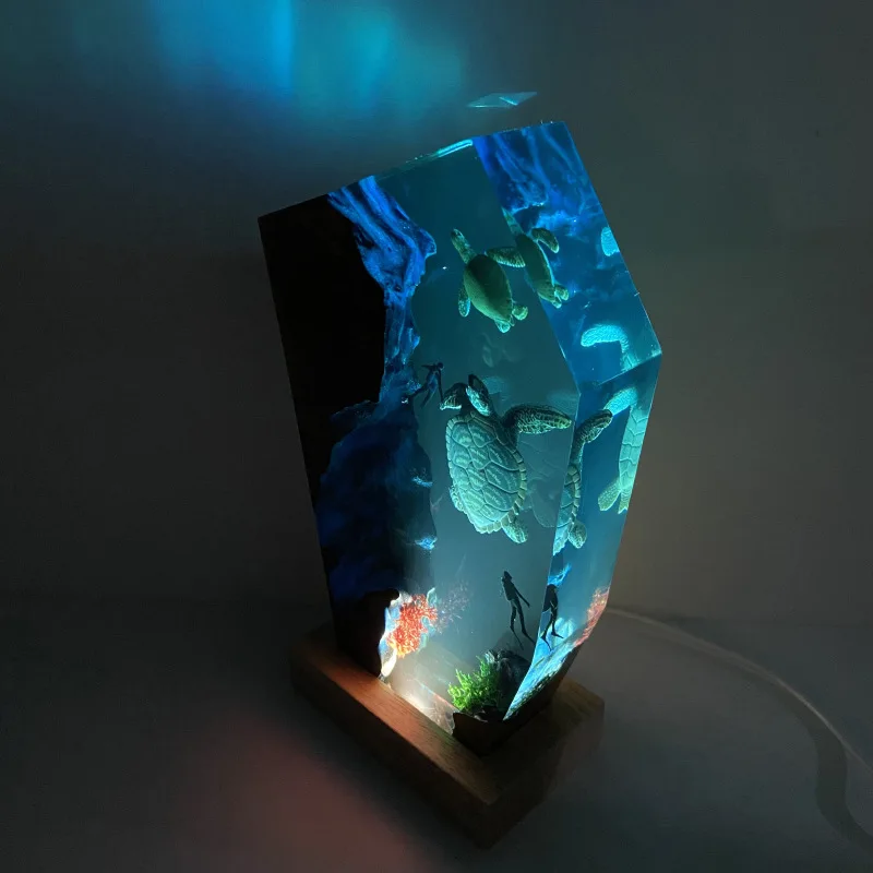 Submarino aventura organismo resina luz de mesa arte criativa decoração lâmpada mar tartaruga mergulhador tema luz da noite carga usb