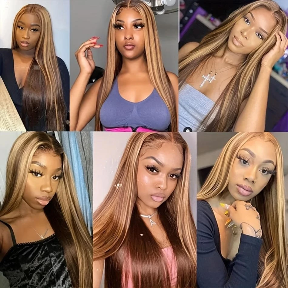 427 Highlight Wig Human Hair Straight 13x6 Hd Lace Frontal Wig Pre Plucked Ombre Honey Blonde Brown Wig 100% Human Hair Wigs