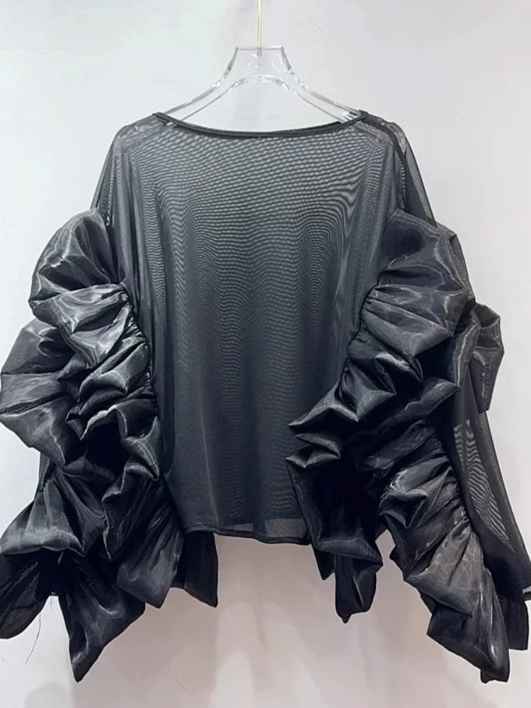 Top High End Niche Spring New Chic Round Neck Stylish Elegant Irregular Ruffled Loose Feminine Long Sleeve So Shirt Women