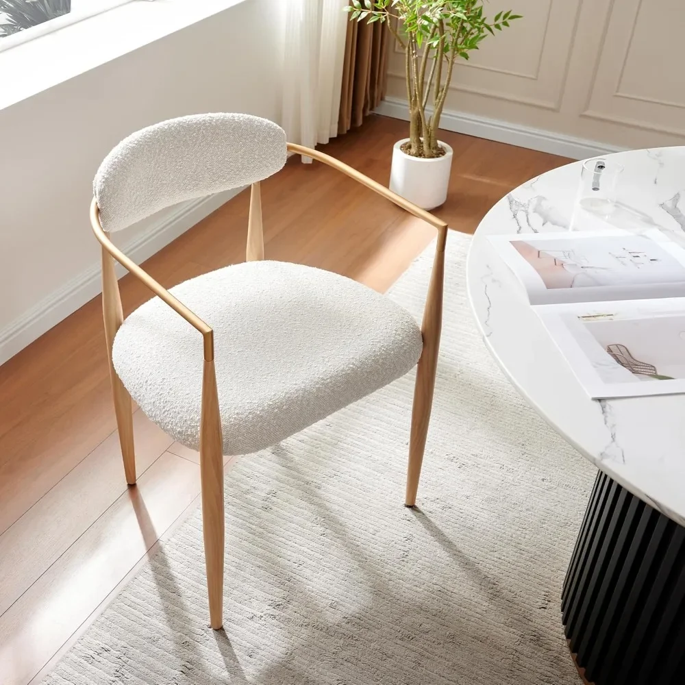 Modern Upholstered Dining Chairs Set of 4, White Boucle Dining Chairs with Arm and Wood Grain Legs for Kitchen, Living Room image 5