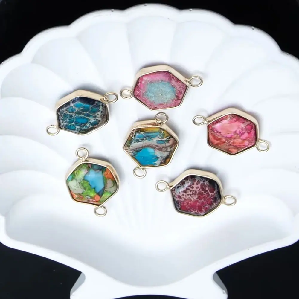 1PC 16x20mm Naural Gemstone Imperial Jasper Connector Handmade Hexagonal Gold Edging DIY for Making Necklace Bracelet Earrings