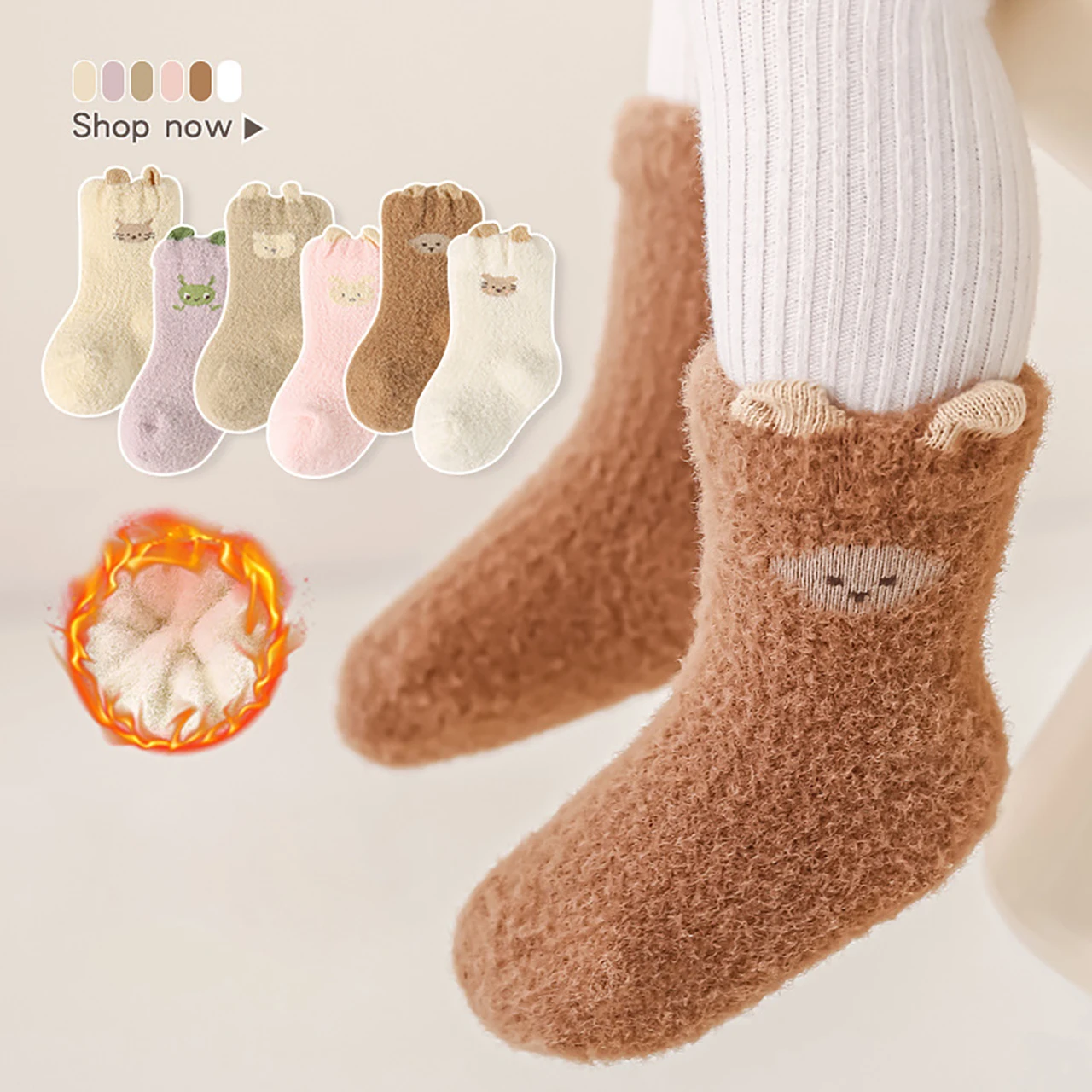 

﻿ Baby Plush Socks Cute Animal Ears 3D Sock Cartoon Coral Velvet Middle Tube Socks Winter Warm Kids Thermal Footwear 0-3Year