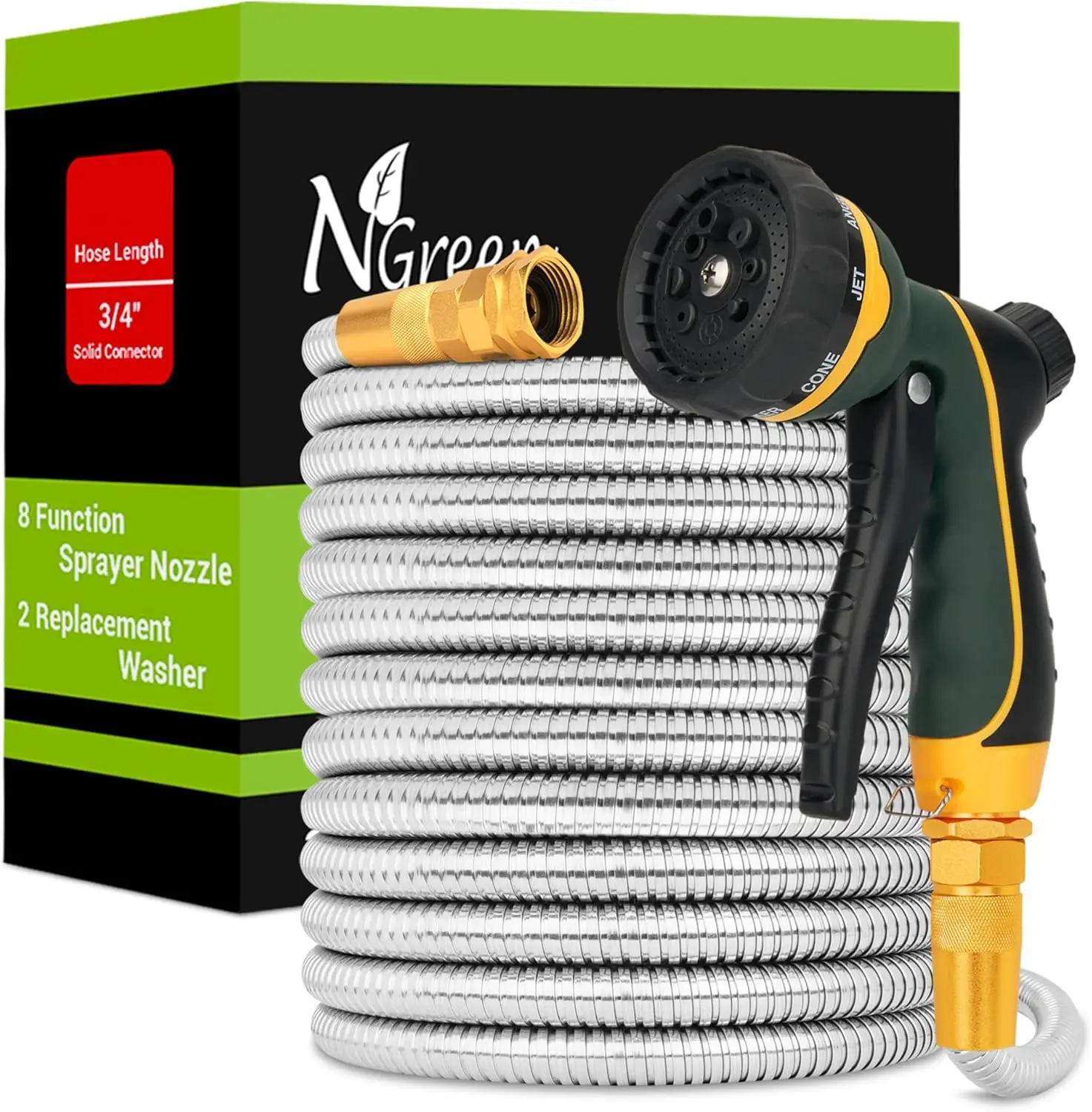 

75FT Heavy Duty Stainless Steel Garden Hose with 8-Pattern Nozzle, Lightweight & Kink-Free