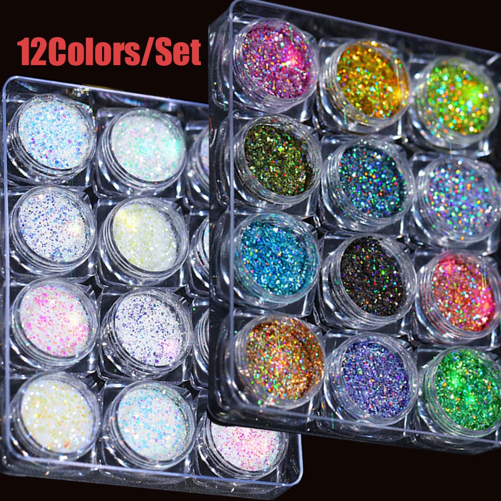 12Jars/set Christmas Holographic Glitter Sequins Colourful Chunky Glitter Nail Art Sequins Mixed-Size Xmas Girl Manicure Glitter