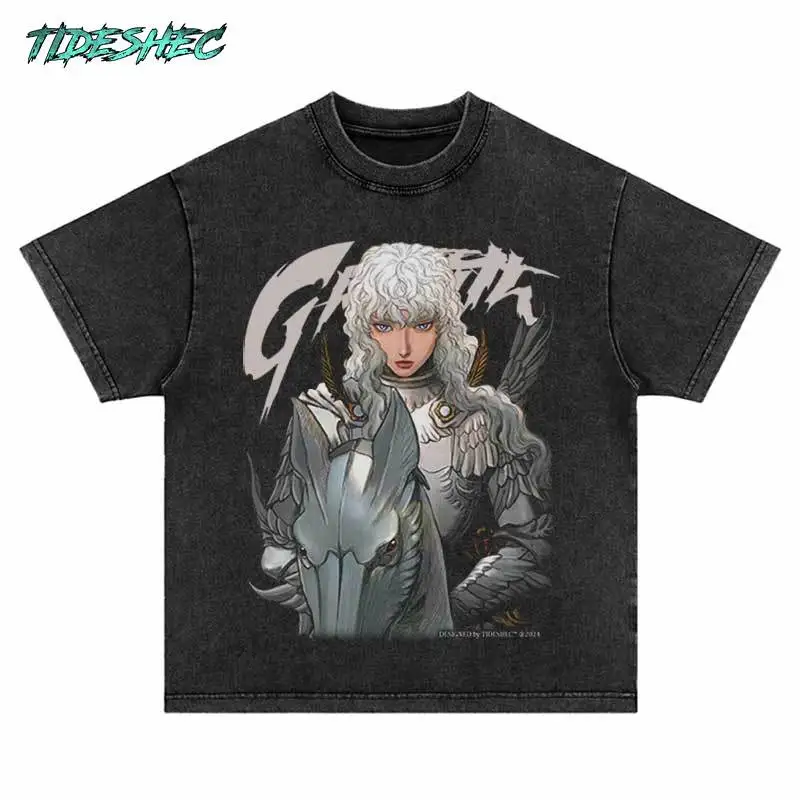 Vintage T Shirt Streetwear Hip Hop Japanese Anime Horse Warrior Print Punk Gothic Washed Tshirt Harajuku Fashion Casual Tee Tops