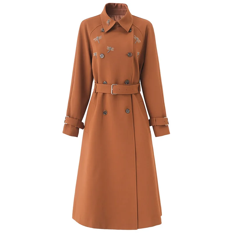 

New Women Solid Coat Fashion Autumn Long Sleeve Beading Trench Coat