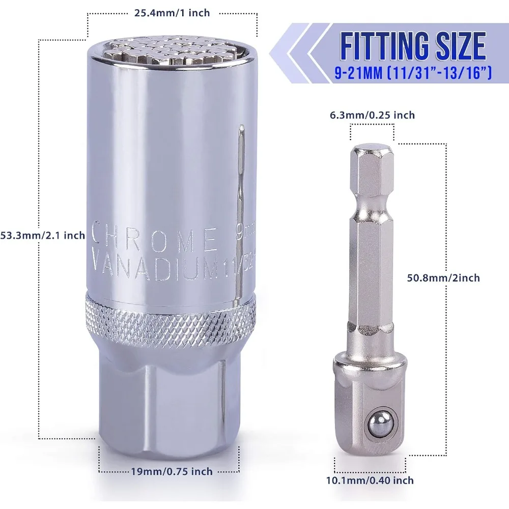 Universal-Steckschlüsselsatz (7-19mm 9-21mm 9-27mm 11-32mm) Super-Steckschlüssel zum Lösen aller Schrauben mit 3/8" 1/2" Bohrmaschinen-Adaptern – Detail 6