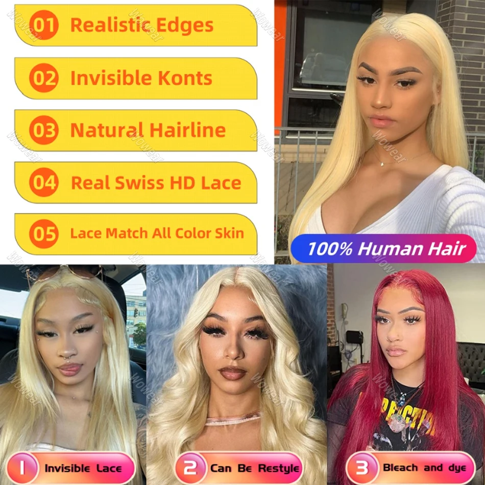 200 Density 13x6 HD Transparent Lace Front Human Hair Frontal 100% Natural Hair 613 Blonde Straight Wigs For Women