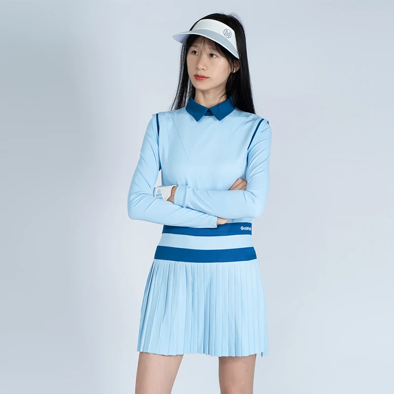 Golfist Women Long Sleeve Golf Dress Slim Turn Down Collar Dress With Small Ball Bags Ladies Patchwork Pleated Golf Short Skirt