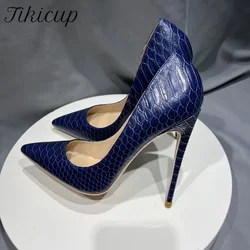 Tikicup Sexy Navy Blue Croc-Effect Women Pointed Toe 12cm High Heels Elegant OL Ladies Fashion Work Stiletto Pumps Dress Shoes