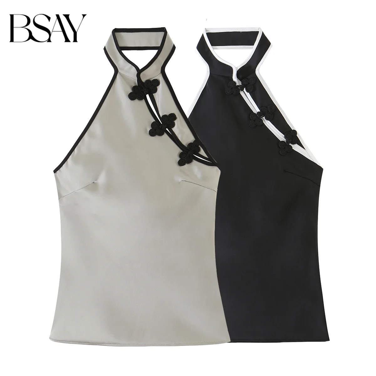 BSAY 2026 Women Sleeveless Satin Tank Top Halter Neck Frog Knot Buttons Contrast Binding Slim Fit Vintage Qipao Style Blouse Top