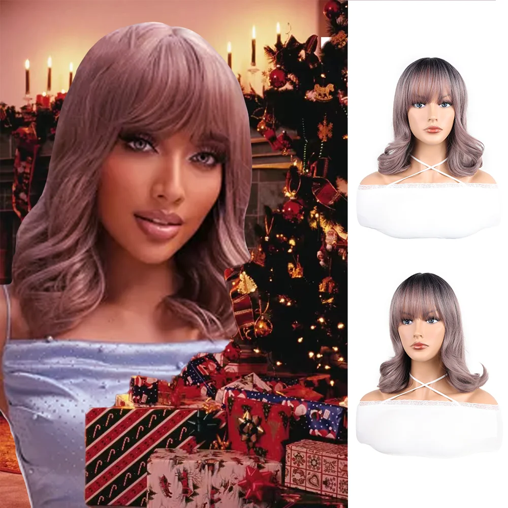 Synthetic Gradient Pink Rose Inner Mesh Short Wave Head Water Ripple Wig 14inch Medium length synthetic wig