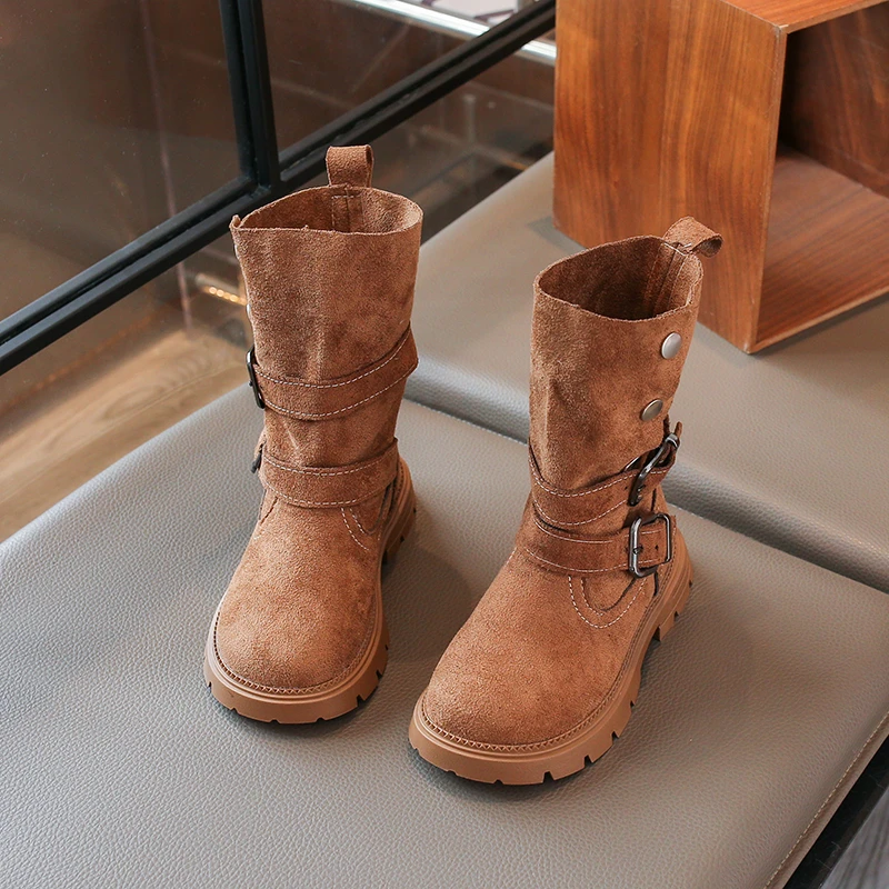 Toddler Girls Fold Over Ankle Boots, Metal Buckle Strap, Rivet Buttons, Non Slip Thick Sole for Autumn Daily Outdoor Wear