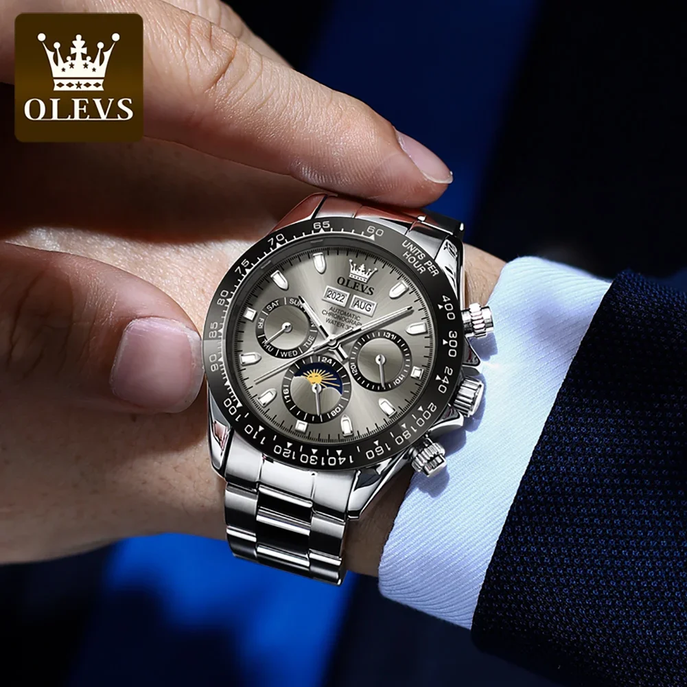 OLEVS-Reloj de pulsera de acero inoxidable para hombre, cronógrafo de lujo, resistente al agua, luminoso, mecánico, automático, de negocios