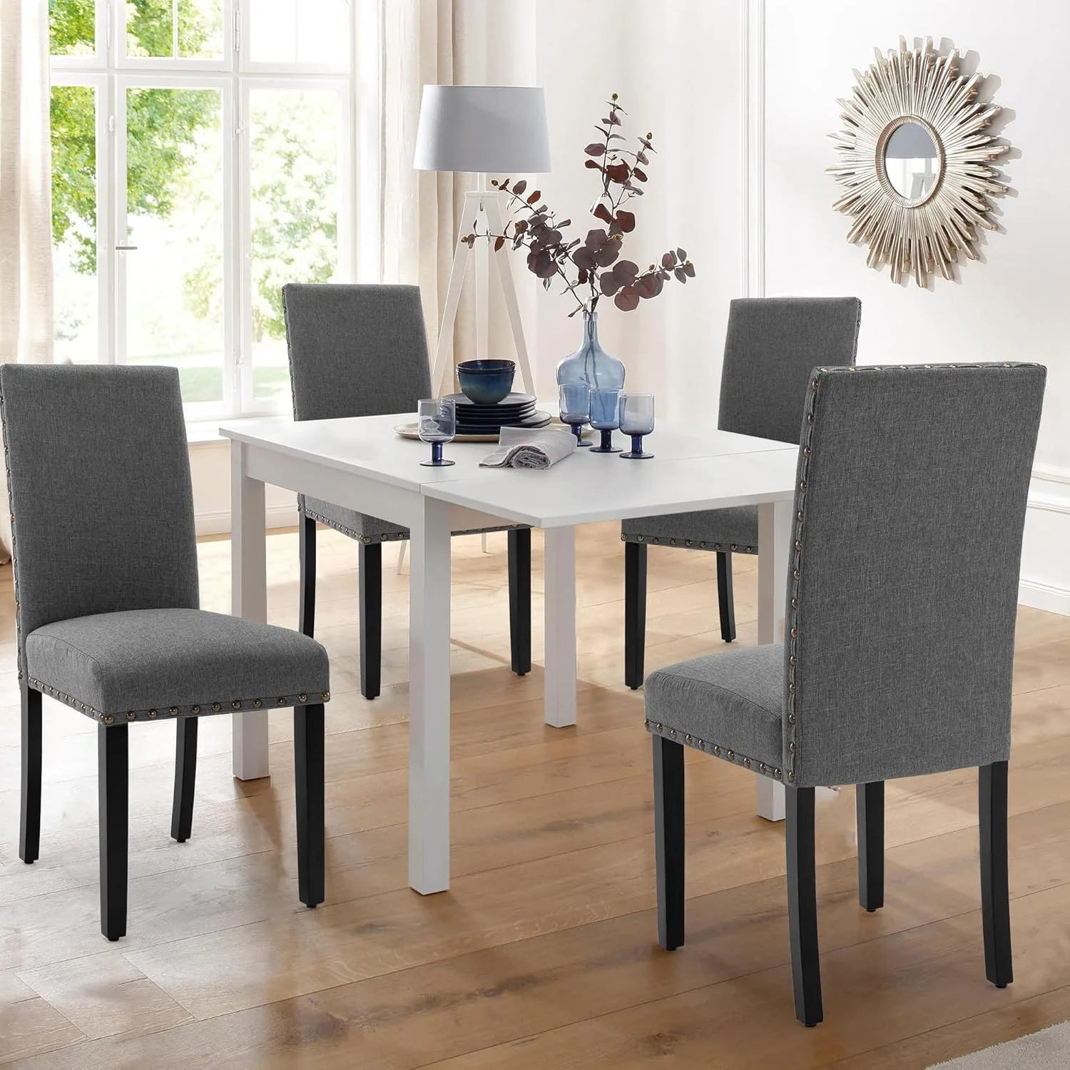 Upholstered Dining Chairs Set pf 2 Studded Parson Chairs with Nailheads and Sturdy Wooden Legs（19