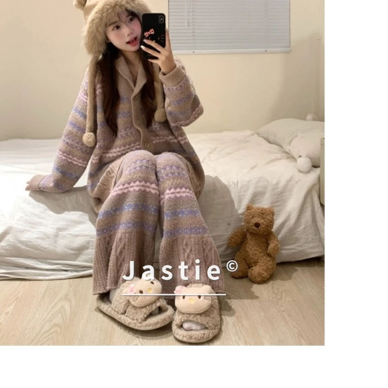

Vintage Striped Pajamas Set Women 2026 Winter Thick Warm Fleece Sleepwear Soft Plush Cardigan Knitted Lounge Wear Home Clothes