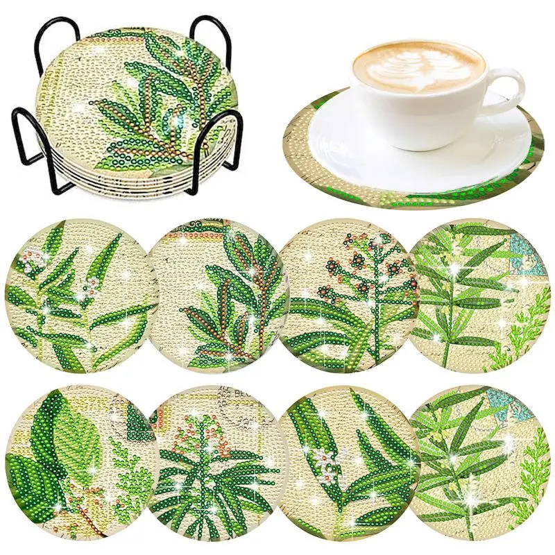 

8pcs/Set DIY Diamond Painting Coasters with Holder Anti Slip Wood Drip Mats Crystal Rhinestones Diamond Art Coasters for Adults