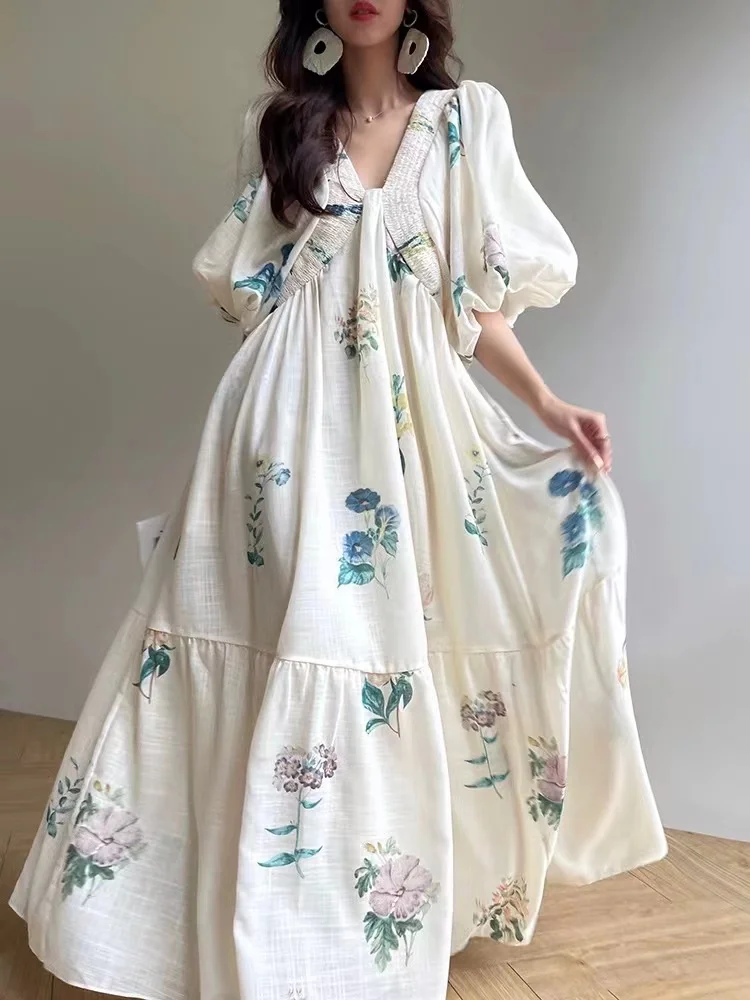 Runway French Summer Flower Printed Holiday Long Dress Boho Women Elastic V Neck Puff Sleeve Linen Back Lace Up High Waist Robe