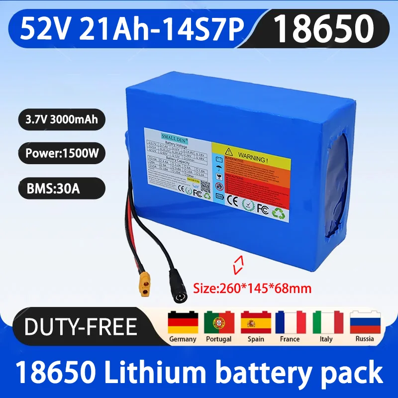 52V 21Ah 18650 14S7P lithium-ion battery pack 1500W power tool battery outdoor backup battery, with 30A BMS+58.8V 5A charger