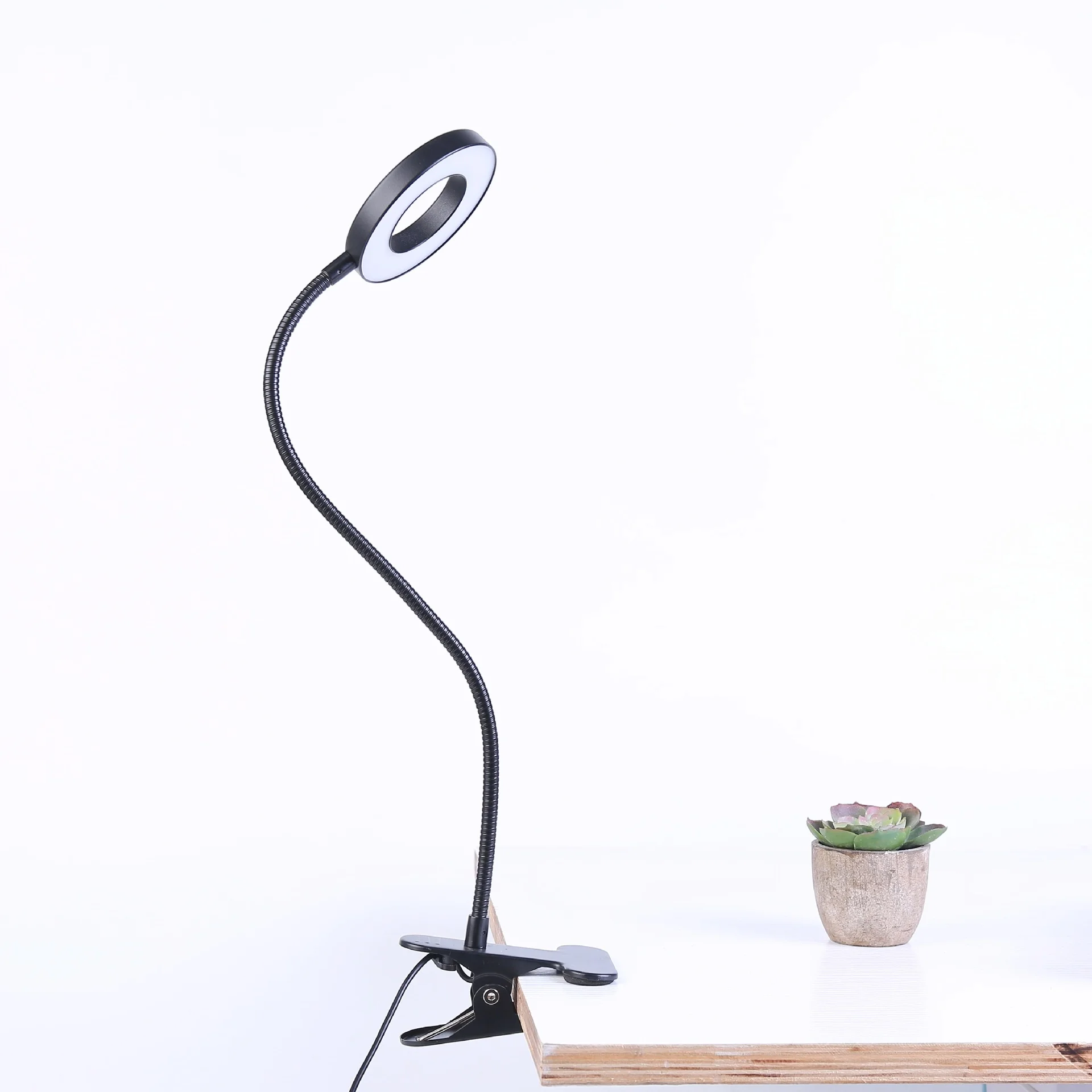 Clip On LED Reading Light USB Powered Ring Desk Lamp with 3 Color Modes Stepless Dimming Flexible 360° Gooseneck Clamp Lamp