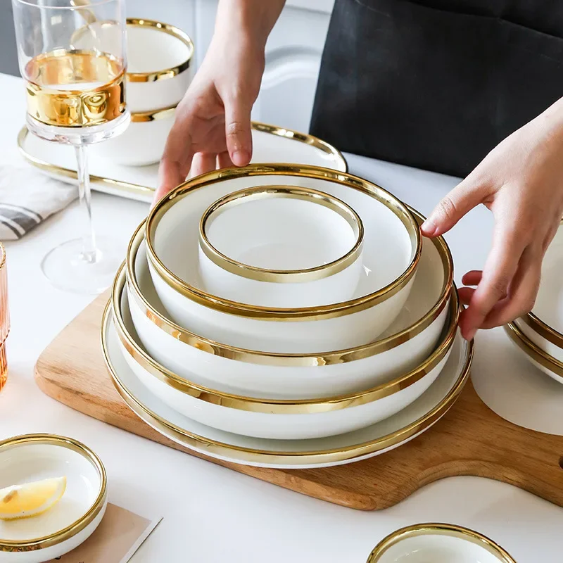 

# Европейская белая микроволновая печь, керамический подарочный набор для ресторана, ужина, фарфор с золотой рамкой, коробка 8, #