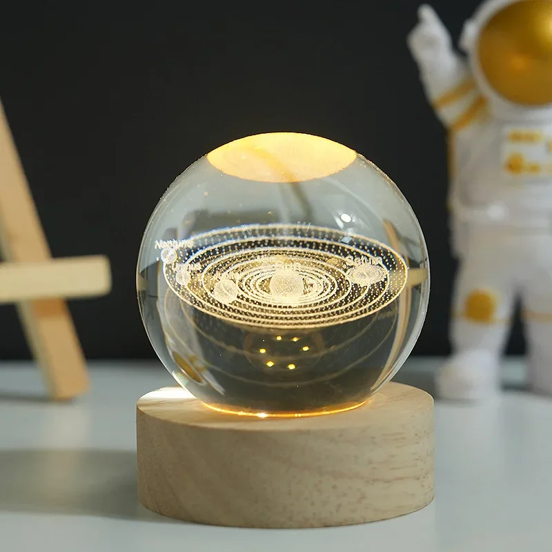 Boule de cristal 3D, base sculptée en bois, ballon système solaire, veilleuse planétaire, cadeau d'anniversaire, décoration de bureau pour la maison
