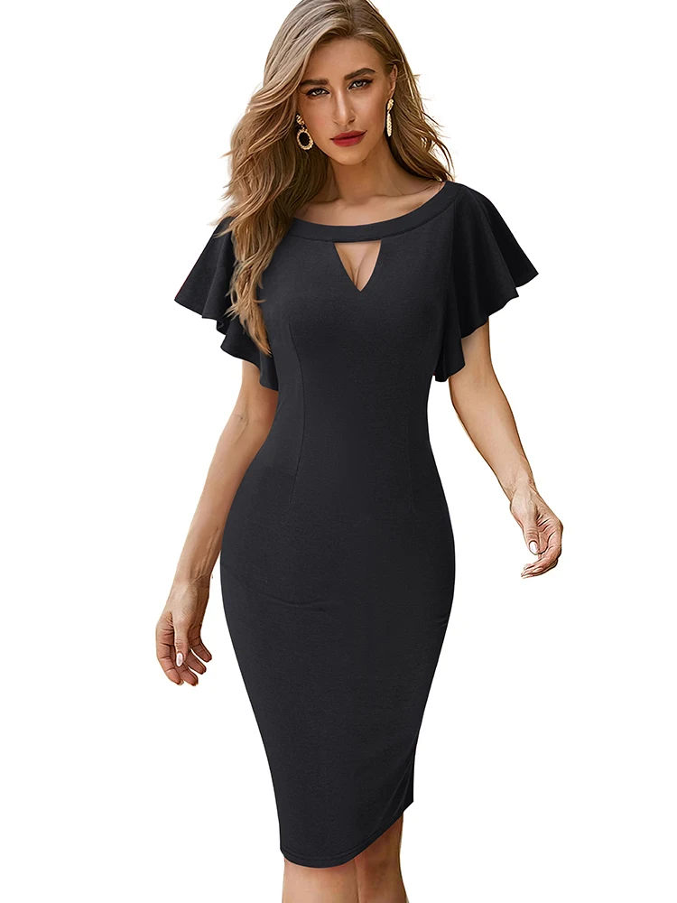 Nice-Forever Zomer Vrouwen Effen Kleur Elegant Hollow Out Jurken Cocktail Wedding Party Bodycon Slanke Jurk B673