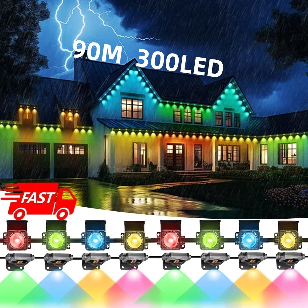 90M 300LEDs Stałe Zewnętrzne Lampki Świąteczne, Sterowanie Aplikacją, Synchronizacja z Muzyką, Wodoodporne IP67 Lampki na Okap do Dekoracji Domu na Halloween