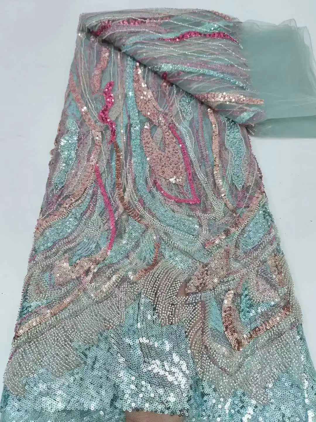 Nuovo Design Africano di Lusso Paillettes In Rilievo Tessuto di Pizzo 5 Metri Francia Nigeria Tulle Abiti Da Festa Tessuti di Pizzo Da Sposa delle Donne 1410