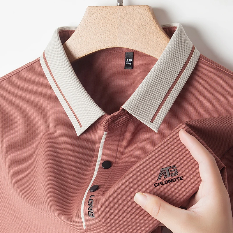 

High end mulberry silk cool feeling short sleeve T-shirt men's lapel summer brand letter embroidery casual business POLO shirt