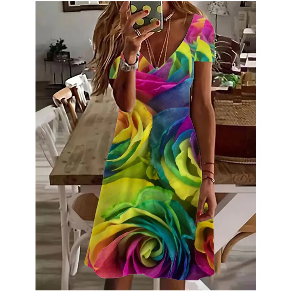 

Multi Color Tie Dye Pattern Print Dress For Women Summer Beach 2024 New Sundress Casual Short Sleeve 3D Pattern Loose Mini Dress